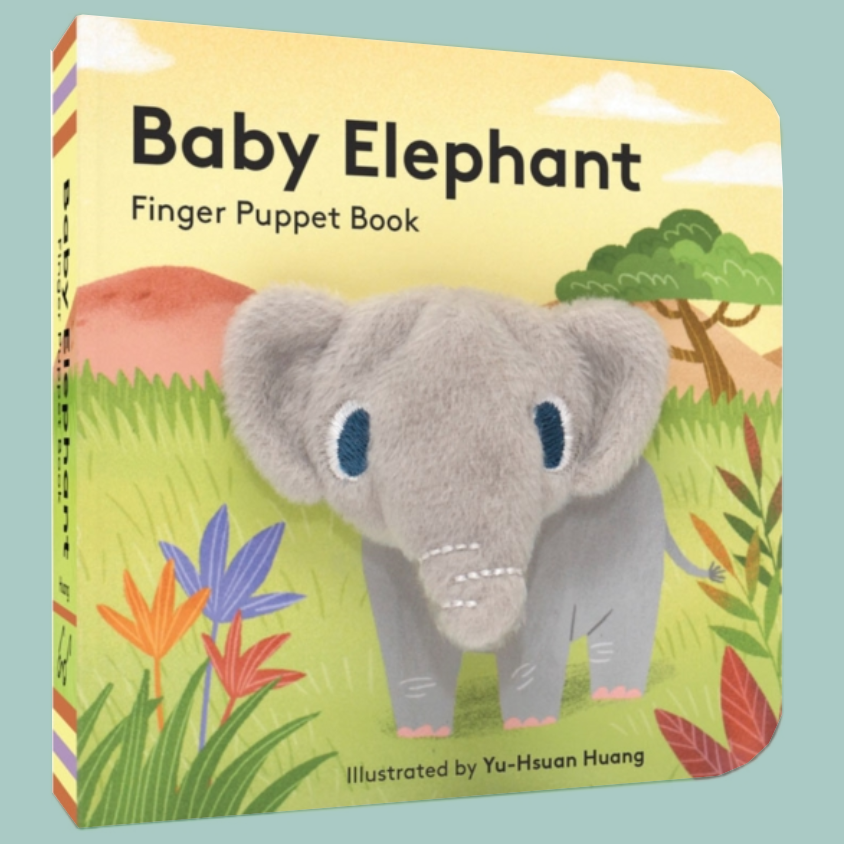 Baby Elephant Finger Puppet Book with a soft gray plush elephant on the cover, set against a light blue background.