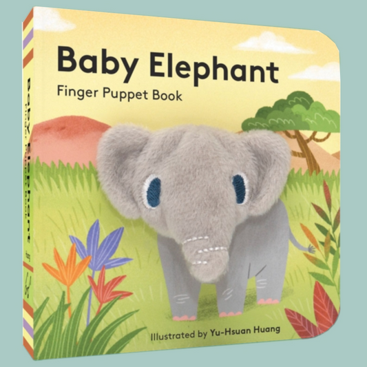 Baby Elephant Finger Puppet Book with a soft gray plush elephant on the cover, set against a light blue background.