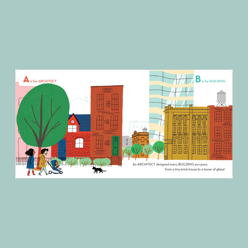 An illustarted book spread of city buildings, trees, children, and text including 'A is for ARCHITECT' and 'B is for BUILDING', centered on a pale blue background.