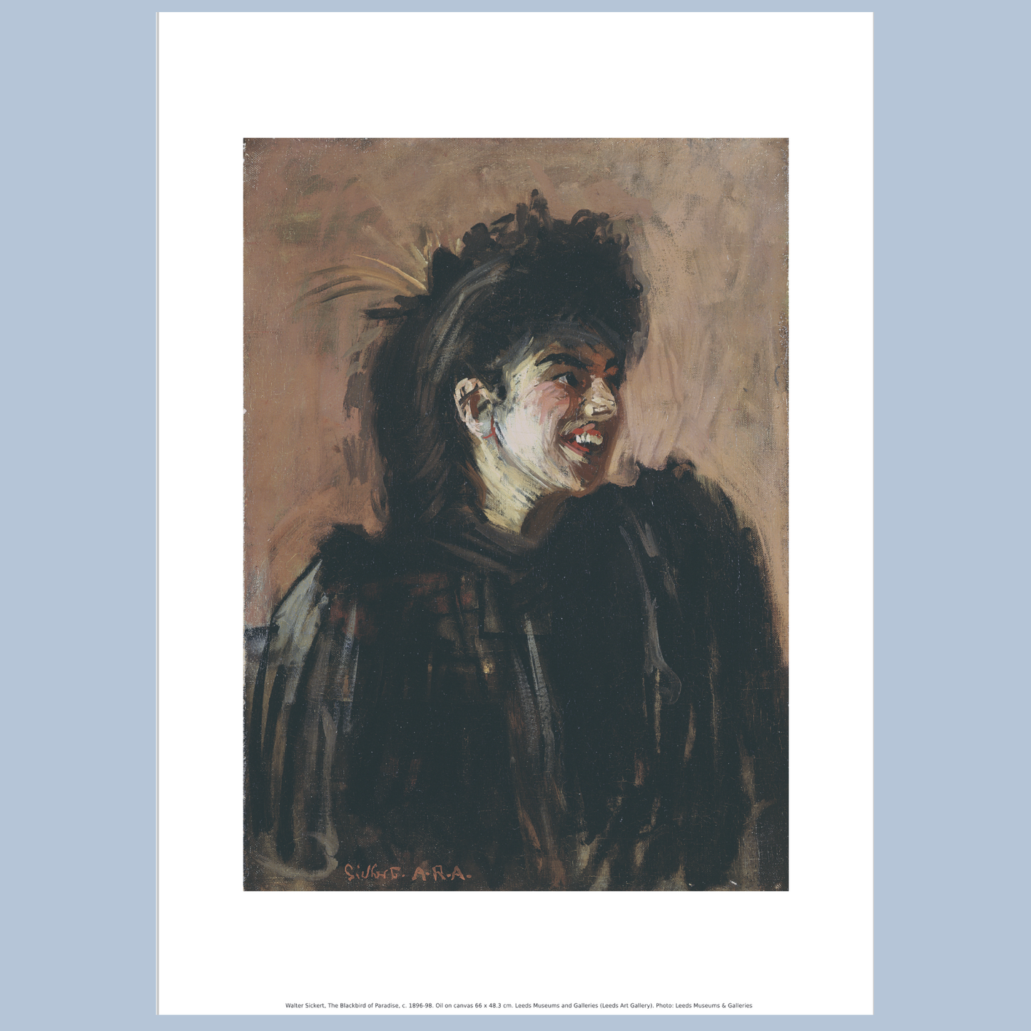 Print of the painting 'Blackbird of Paradise', a painting of a woman, dressed in black with black hair, smiling while looking to the right on a brown background. 
