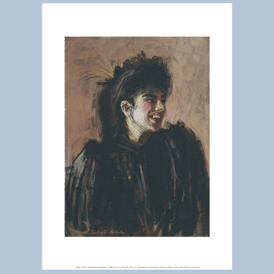 Print of the painting 'Blackbird of Paradise', a painting of a woman, dressed in black with black hair, smiling while looking to the right on a brown background. 