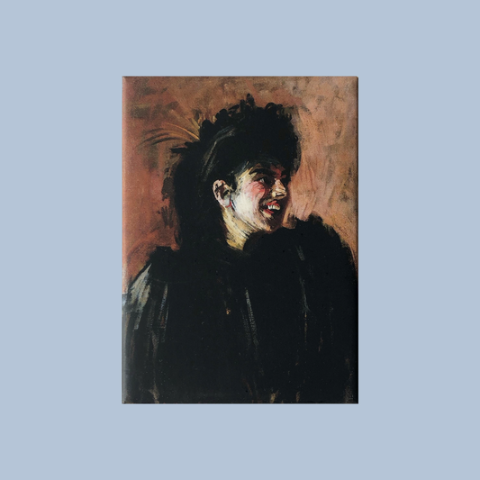 Magnet of Sickert's 'Blackbird of Paradise' which is a painting of a lady dressed in black with black hair. The magnet is on a blue background.