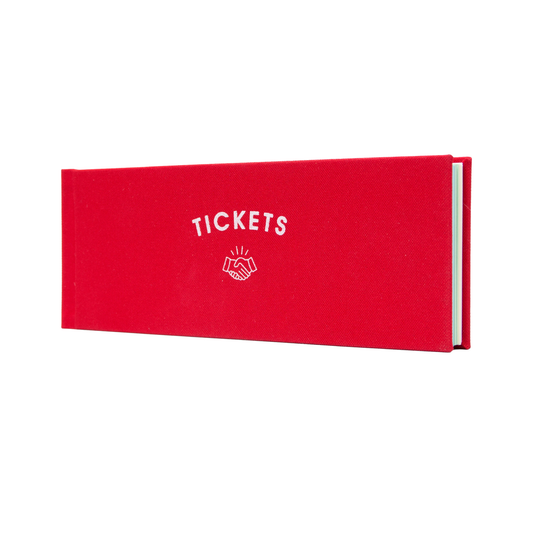 Red rectangular booklet with 'TICKETS' text on a white background.