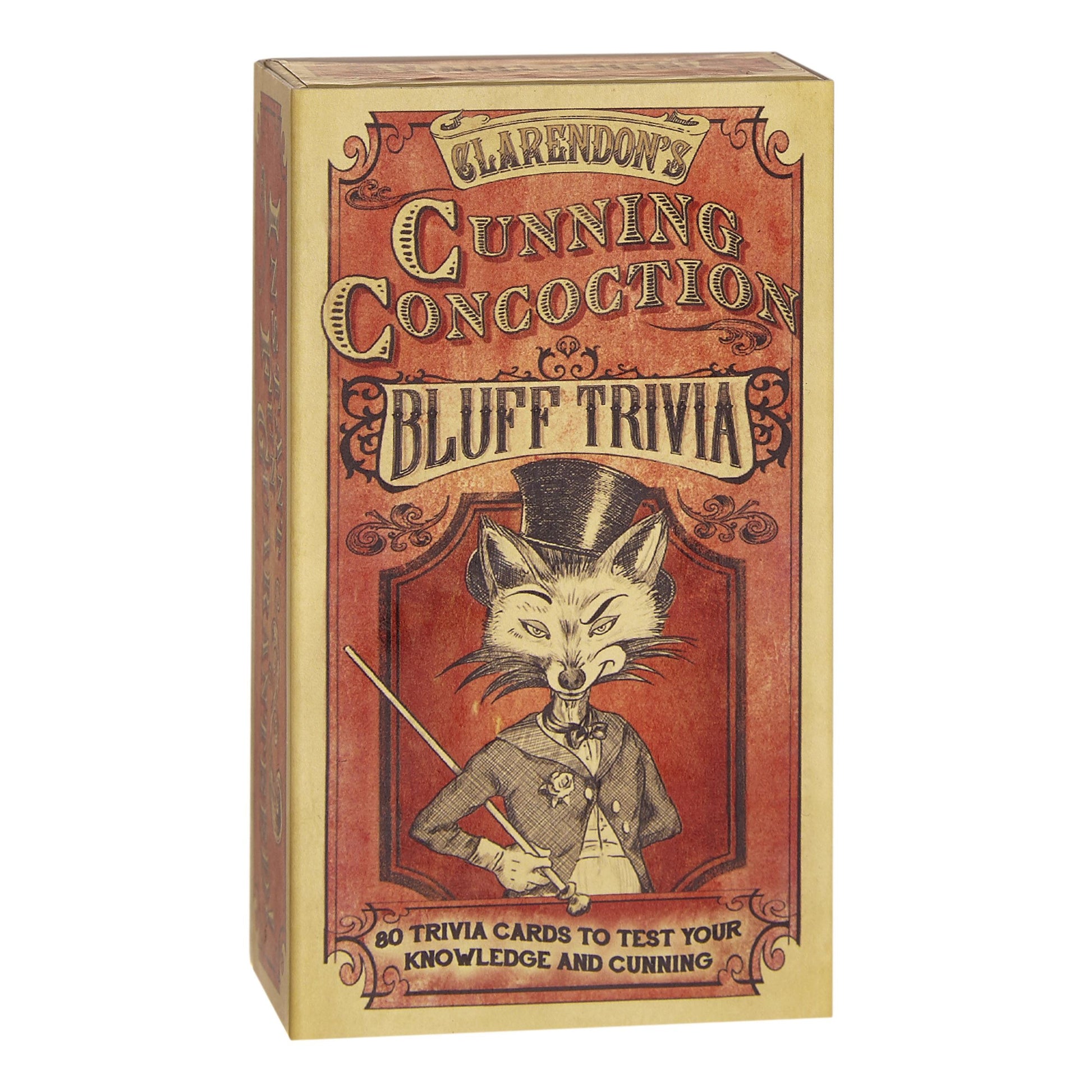 Card game box in red with a Victorian illustration of a fox. Image in on a white background