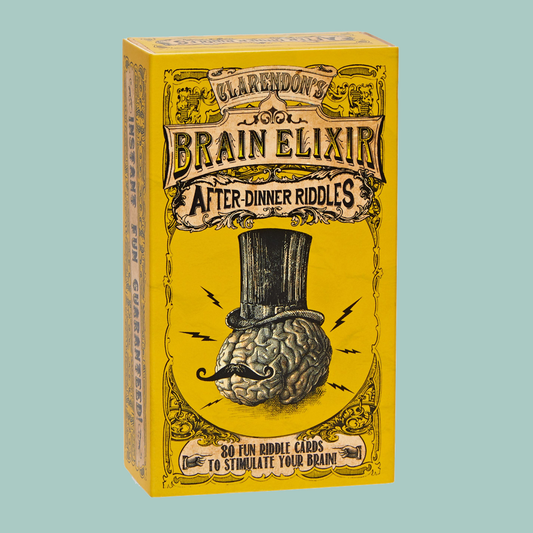 Box of Brain Elixir card game in a yellow colour with a Victorian illustration on the front. Image is on a teal background