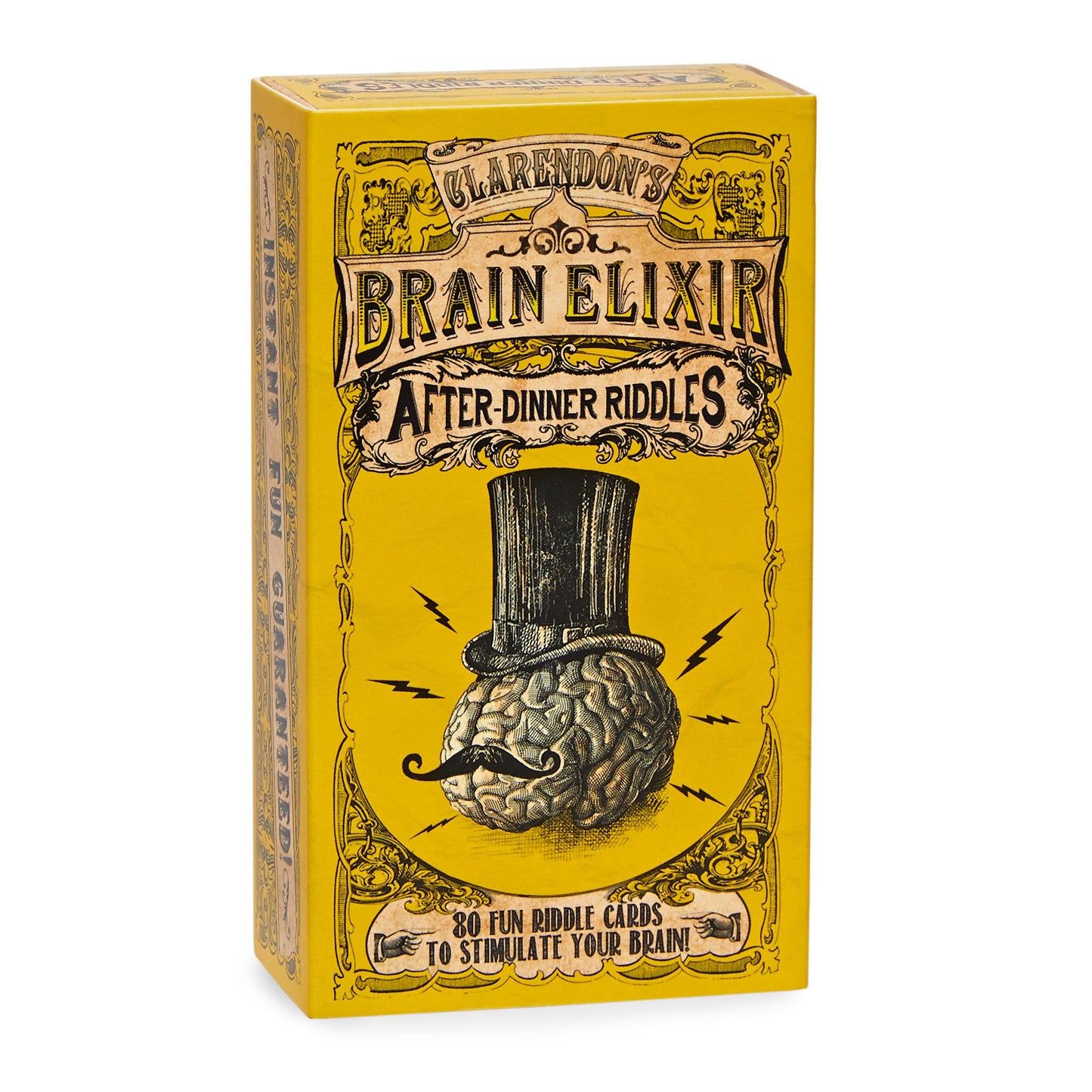 Image of Brain Elixir card game in a yellow colour with a Victorian illustration on the front. Image is on a white background