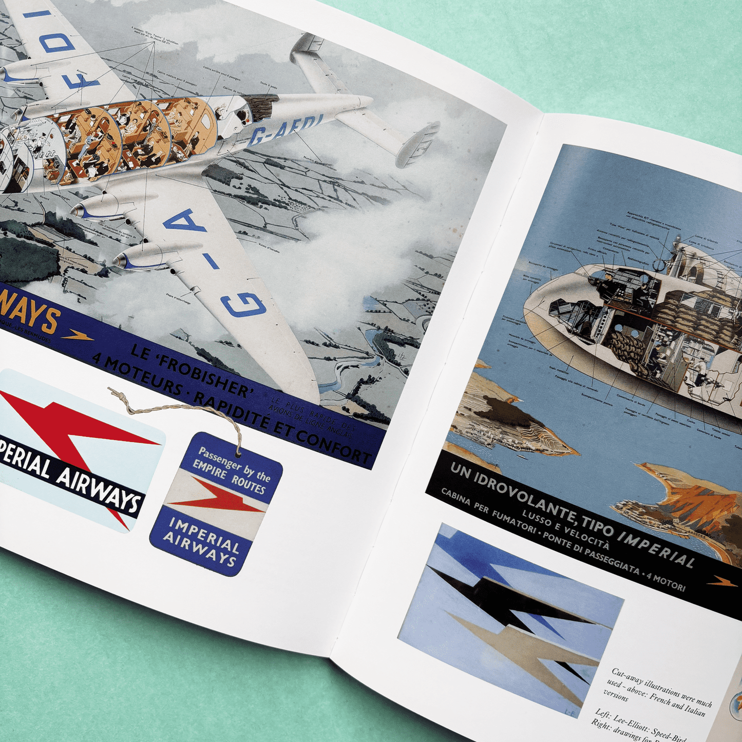 Open book with pages featuring vintage airplane illustrations and Imperial Airways branding.