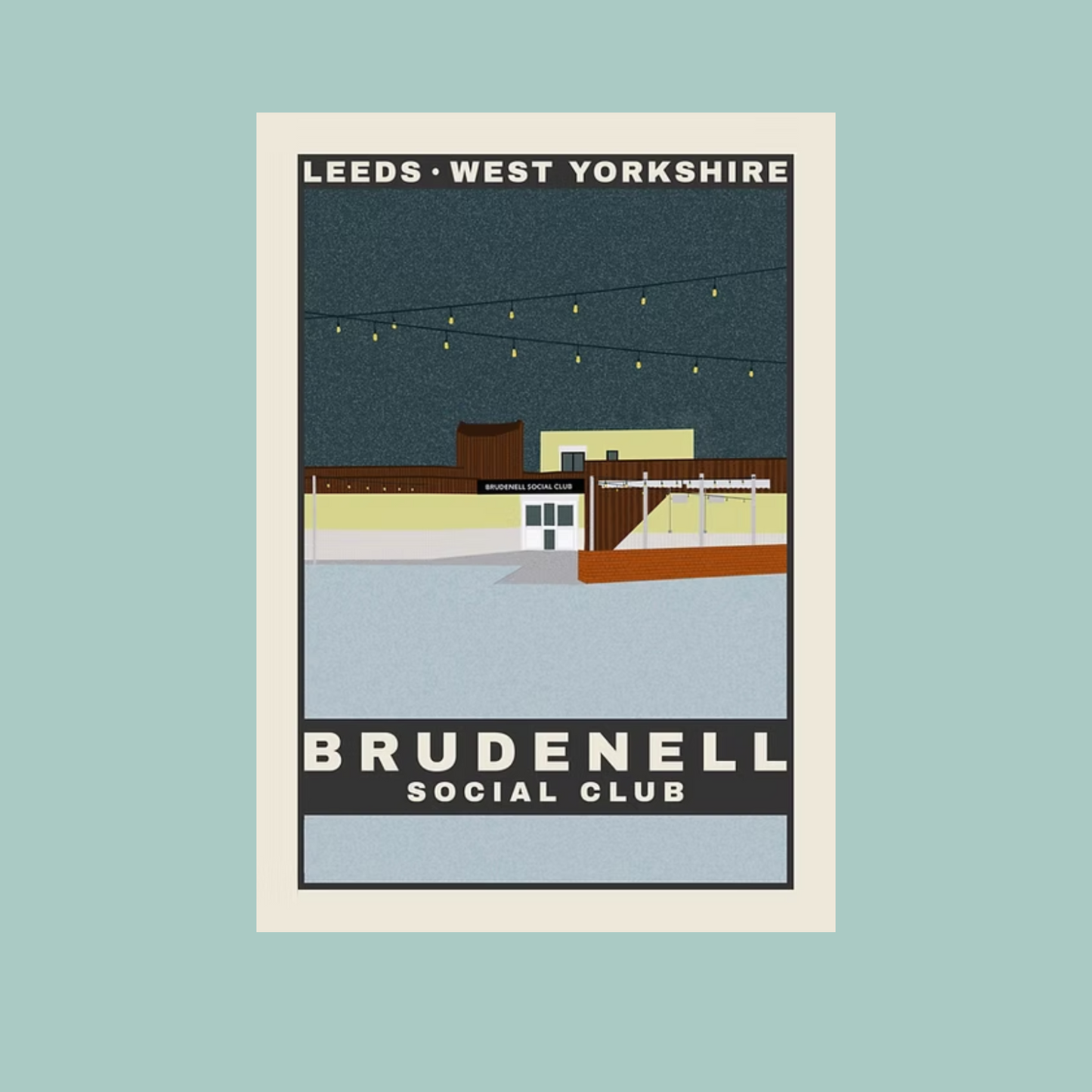 Postcard of Brudenell Social Club in Leeds, West Yorkshire with a blue background