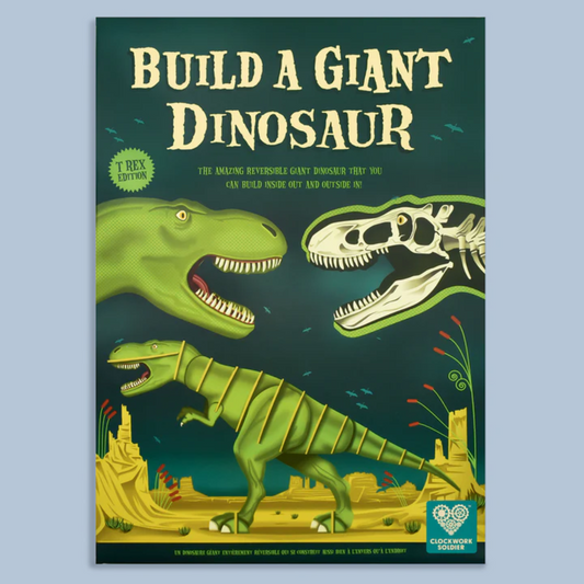 Packaging of 'Build a Giant Dinosaur' with green dinosaur illustration on a blue background