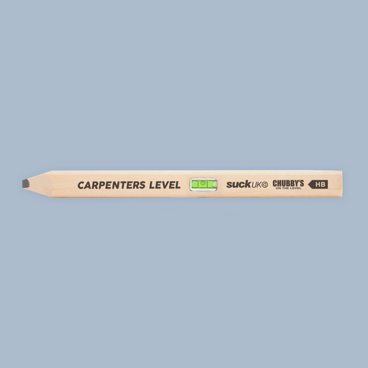 Wooden carpenter's level with branding on a light blue background