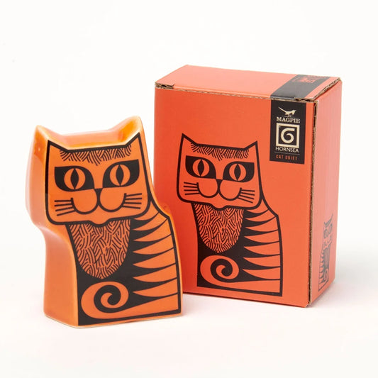 Cat-shaped orange ceramic product with matching packaging on a white background
