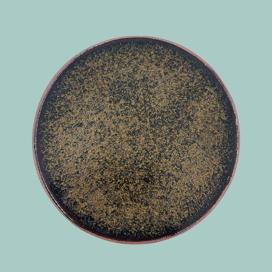 Round ceramic coaster with speckled design on a light blue background