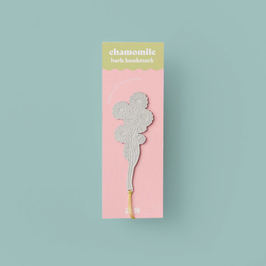 Silver coloured bookmark in the shape of a chamomile flower, in a pink and blue packet and on a light blue background. 