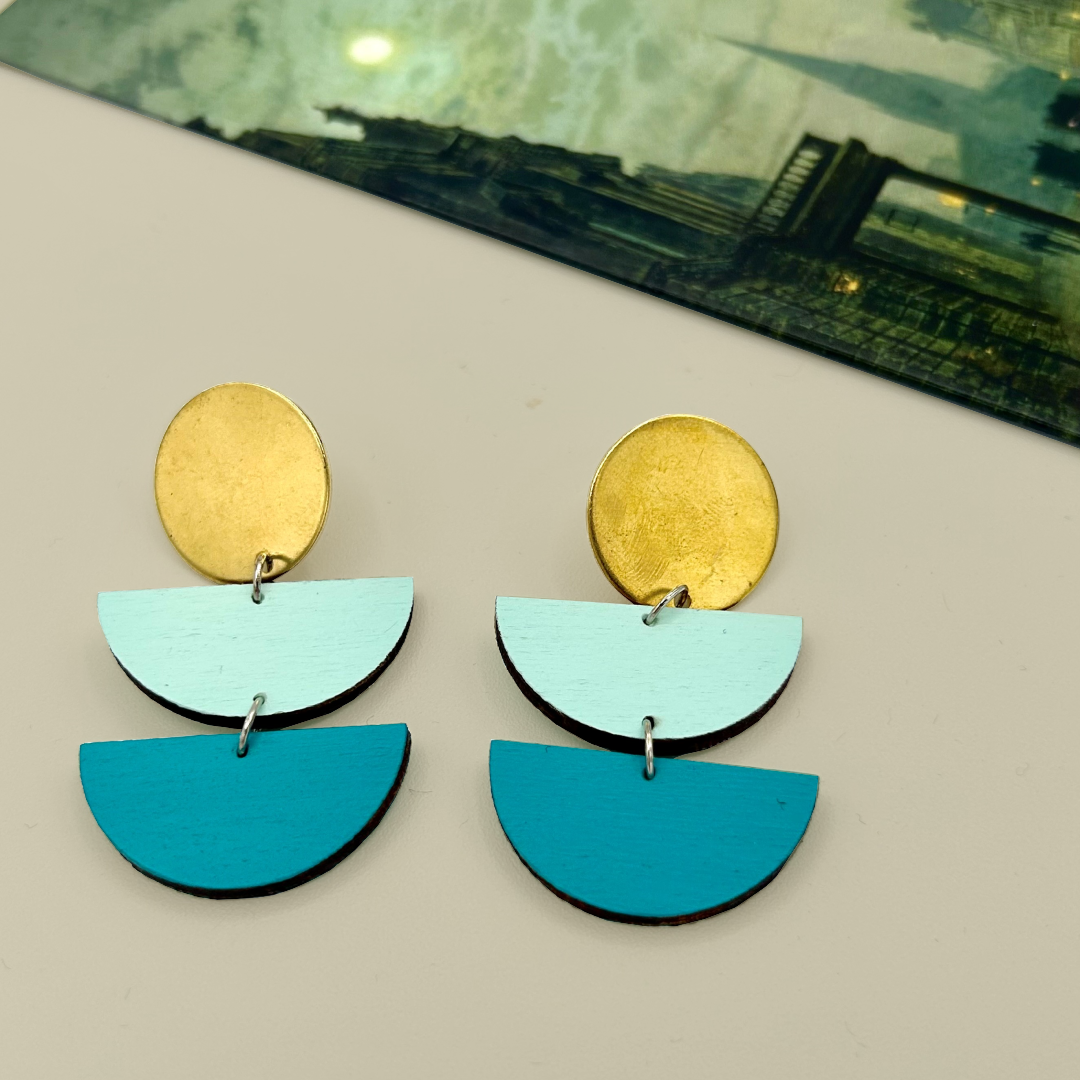 Large Brass Circle and Semi Circle Drop Earrings - Mint