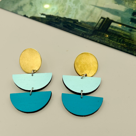 Large Brass Circle and Semi Circle Drop Earrings - Mint