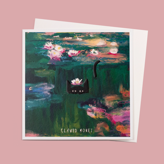 Greeting card with a black cat in water lilies design, labeled 'Clawed Monet', on a pink background.