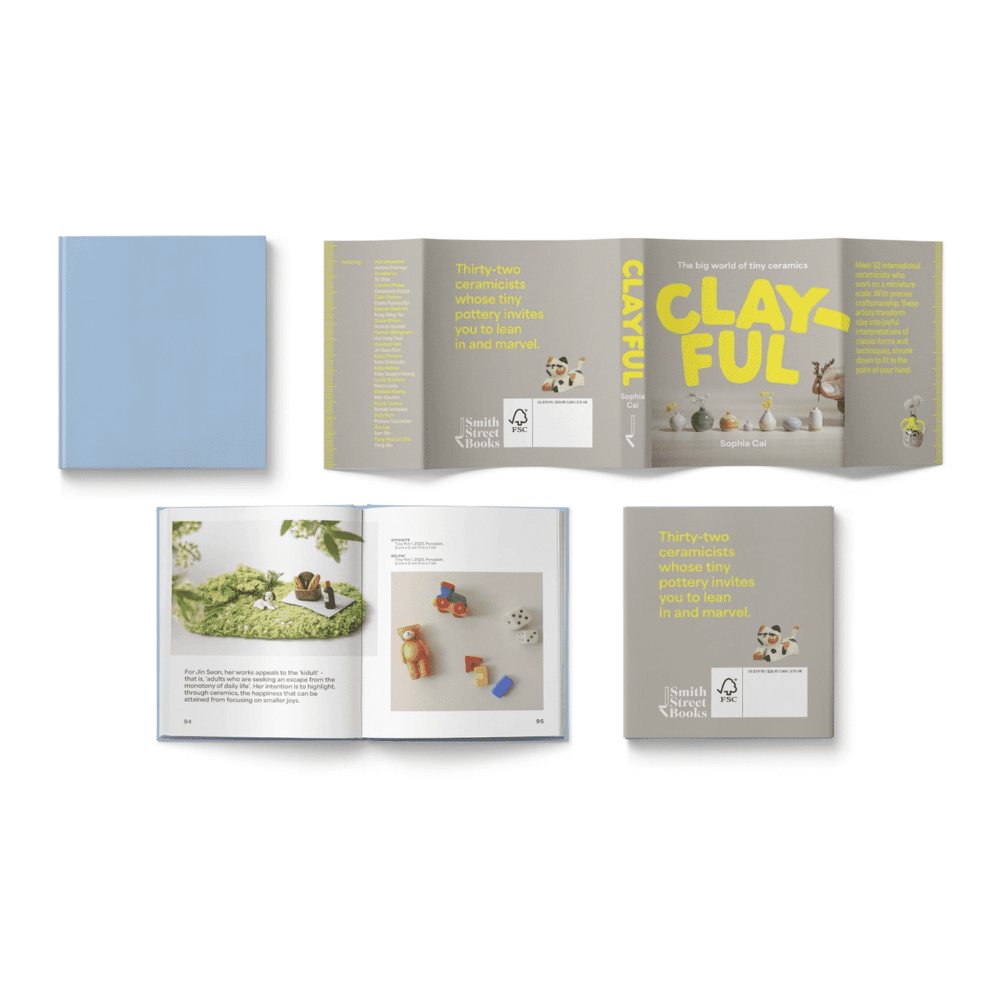 Open book with 'CLAYFUL' branding and illustrations of clay figures on a white background