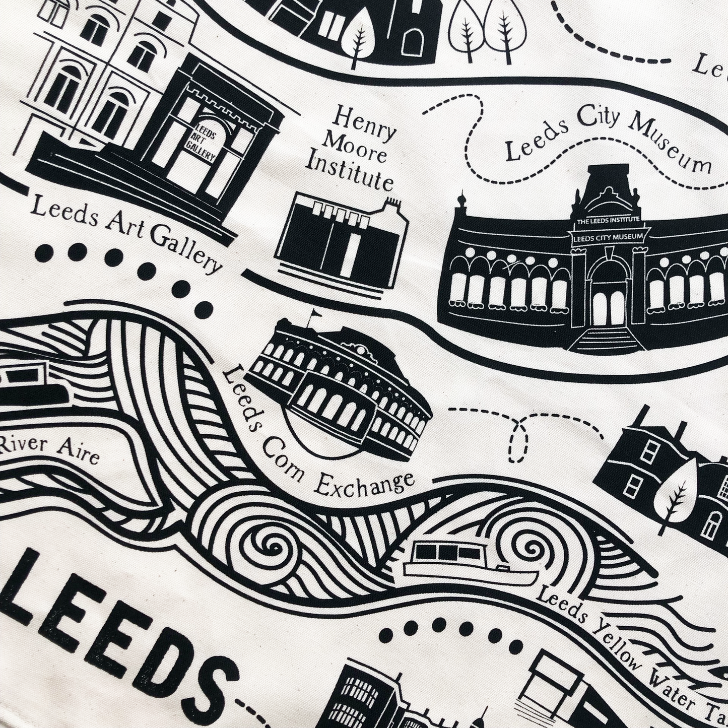 Map of Leeds with landmarks and buildings illustrated in black on a white background