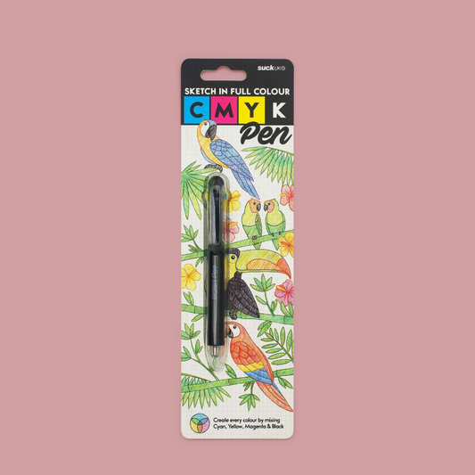 A black ink pen in its original retail blister packaging, featuring colorful illustrations of parrots and tropical leaves.