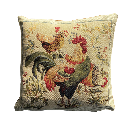 Country hens design on a woven tapestry material on a cushion on a white background