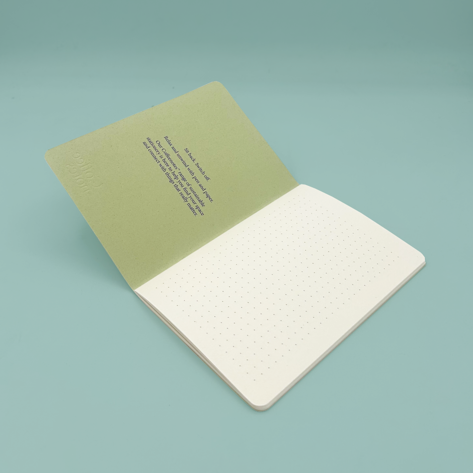 An open notebook with a light sage green interior cover and blank dotted white pages, photographed on a smooth pale blue background.