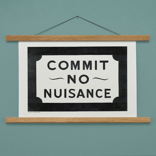 Hnaging print with 'Commit No Nuisance' text on a teal wall