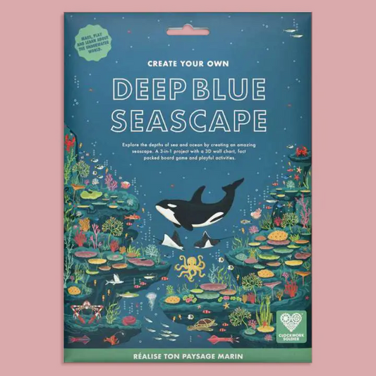A packaged craft kit titled "Deep Blue Seascapes" with illustrated underwater artwork, including a whale, octopus, coral, and fish, on a pink background.