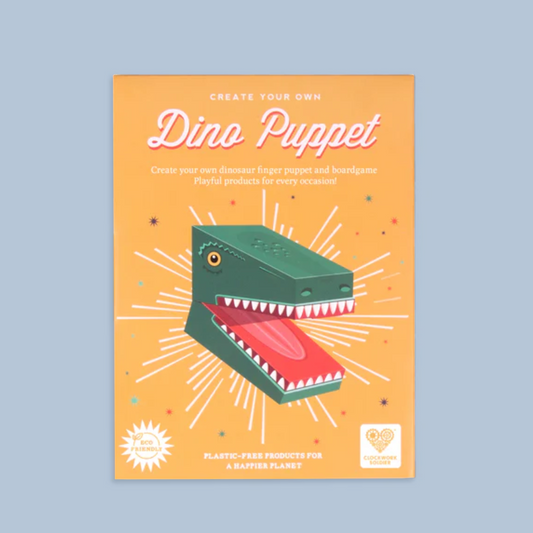 Dino Puppet kit packaging with a dinosaur illustration on an orange background