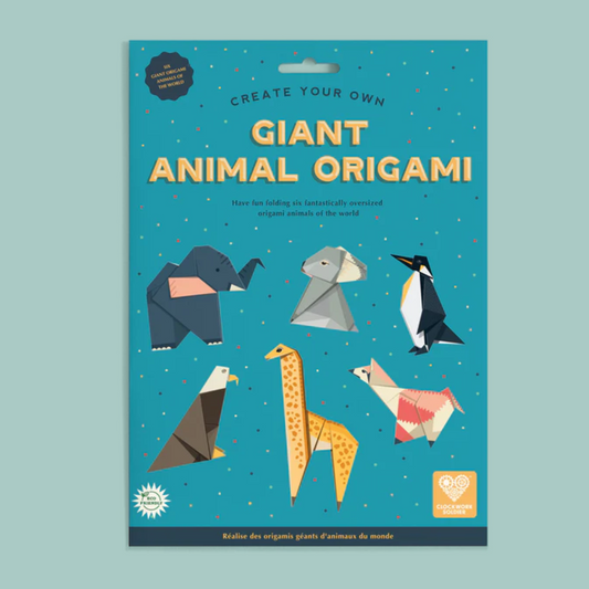 Packaging of 'Create Your Own Giant Animal Origami' with illustrations of origami animals on a blue background.