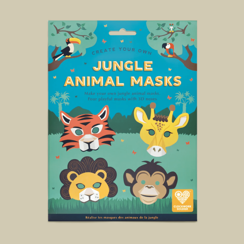Jungle Animal Masks craft kit packaging, featuring colourful illustrations of a tiger, giraffe, lion, monkey, toucan, and owl on a teal background.