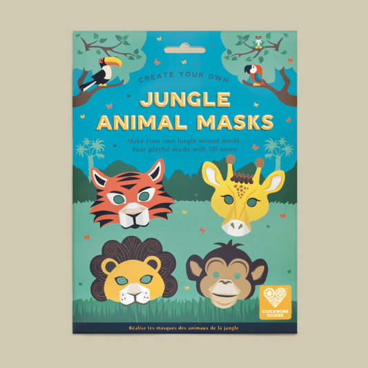 Jungle Animal Masks craft kit packaging, featuring colourful illustrations of a tiger, giraffe, lion, monkey, toucan, and owl on a teal background.