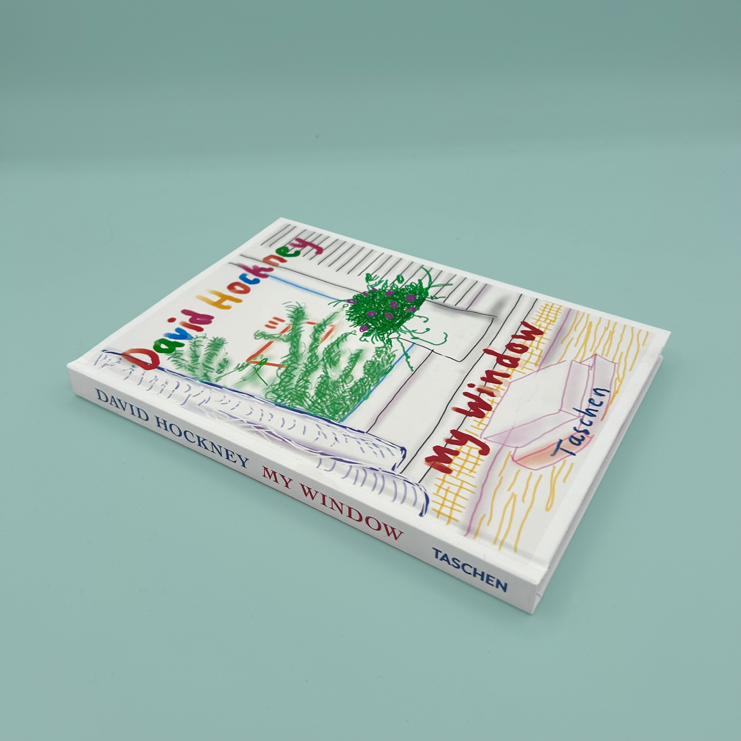Book titled 'My Window' by David Hockney on a light green background