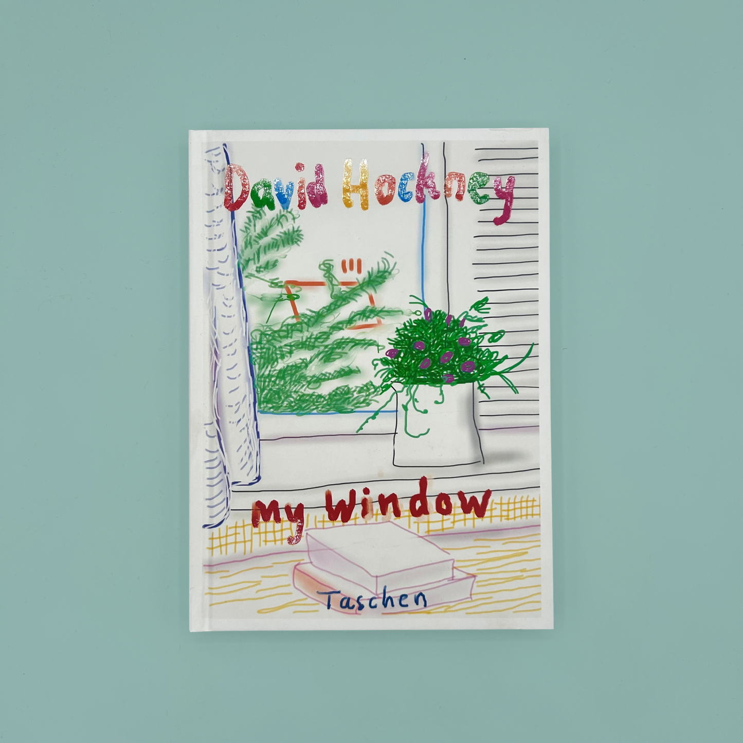 Book cover of 'My Window' by David Hockney with a drawing of a window and plants on a light blue background.