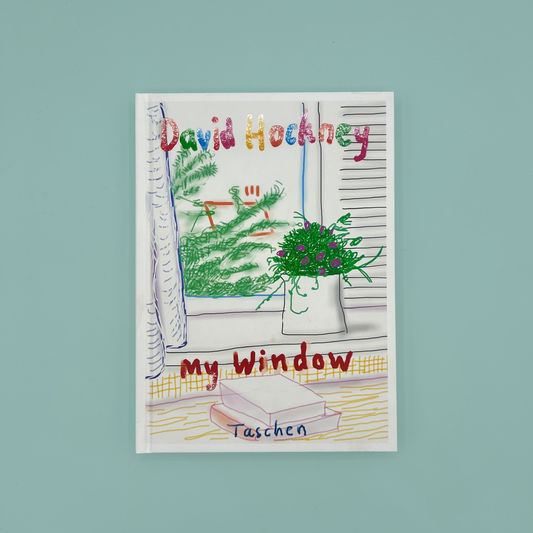 Book cover of 'My Window' by David Hockney with a drawing of a window and plants on a light blue background.