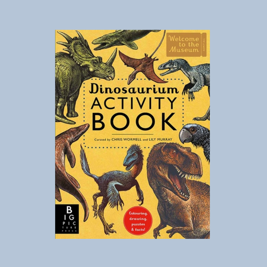 Dinosaur-themed activity book cover with illustrations of dinosaurs on a yellow background