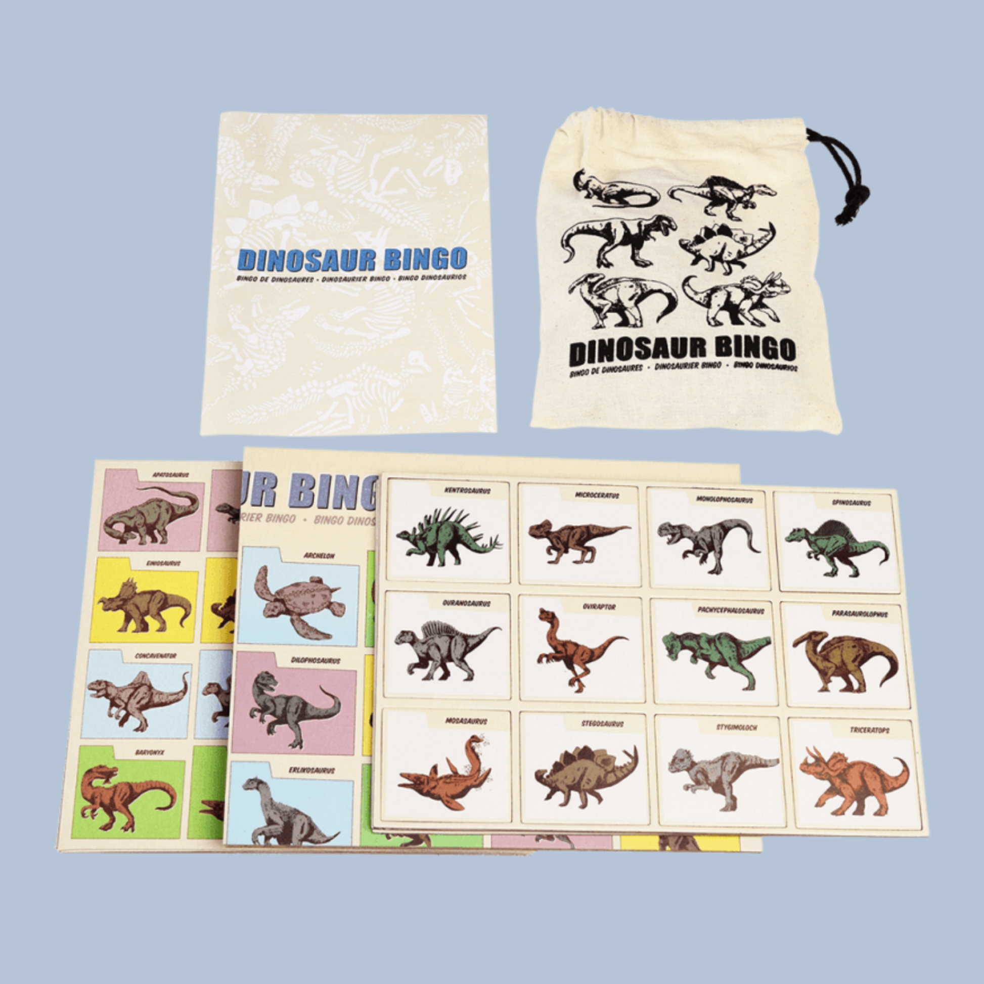 Dinosaur-themed bingo cards with a drawstring bag and instructions on a light blue background