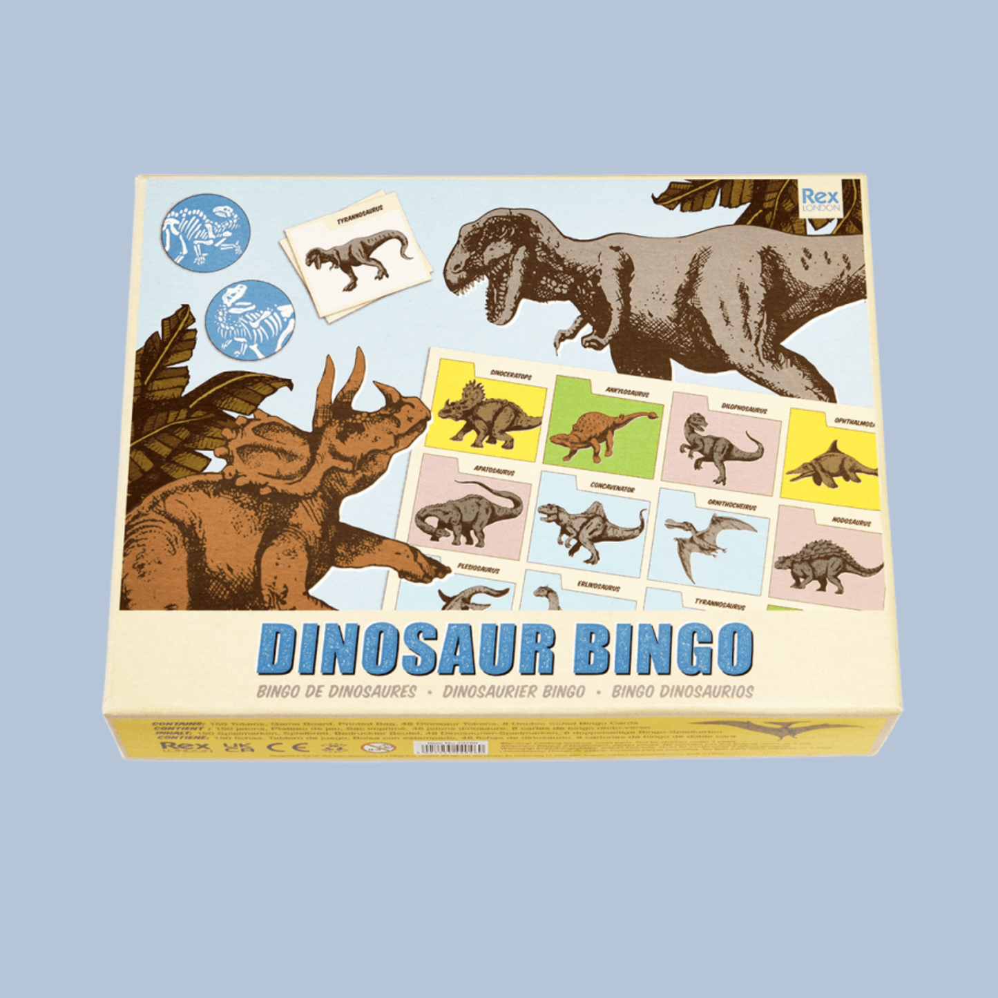 Dinosaur bingo game box with illustrations of dinosaurs on a light blue background