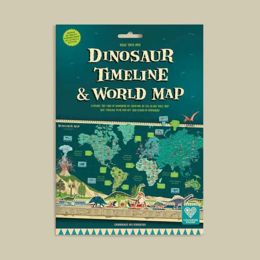 Dinosaur Timeline & World Map activity sheet, featuring a dark teal map background with illustrated dinosaurs, world map details, and decorative borders.