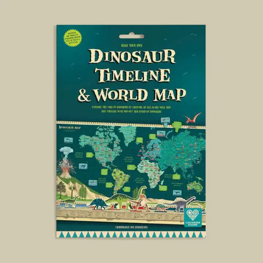 Dinosaur Timeline & World Map activity sheet, featuring a dark teal map background with illustrated dinosaurs, world map details, and decorative borders.