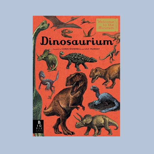 Book cover of 'Dinosaurium' with illustrations of dinosaurs on a red background