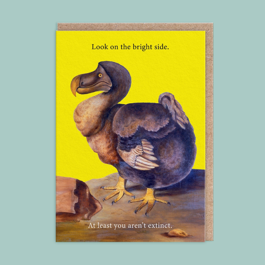 A greeting card featuring a painted dodo bird on a bright yellow background with the text 'Look on the bright side. At least you aren't extinct.