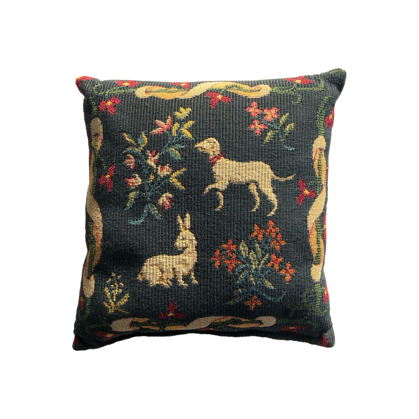 Medieval tapestry on a mini cushion on a white background