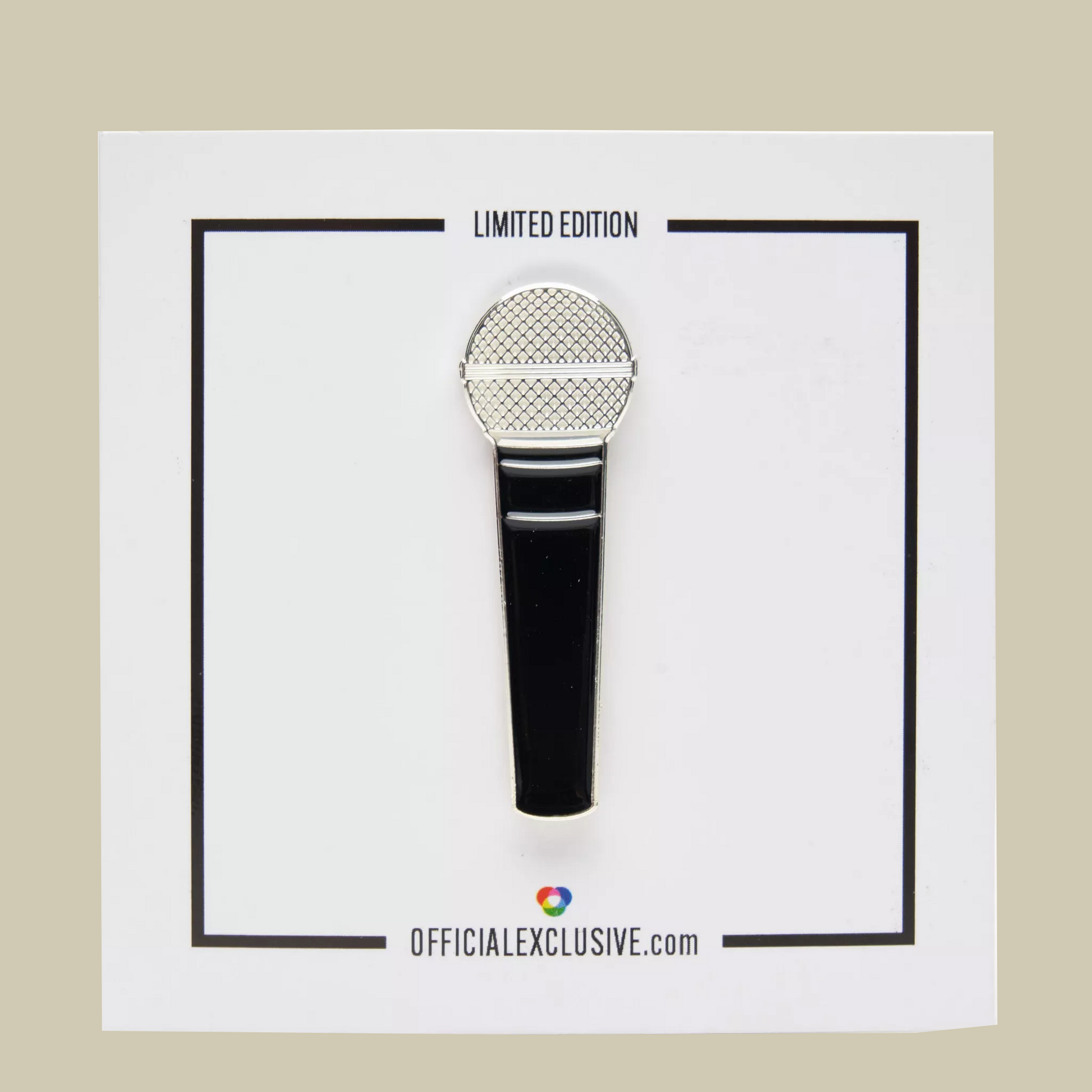 Microphone-shaped pin on a white card with 'Limited Edition' text