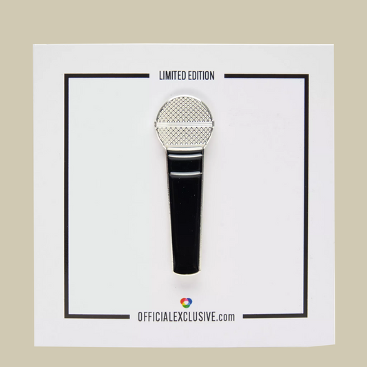 Microphone-shaped pin on a white card with 'Limited Edition' text
