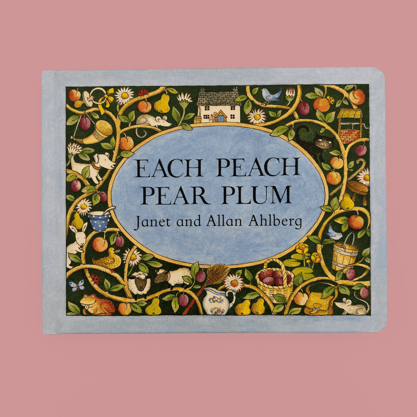 Book cover of 'Each Peach Pear Plum' with decorative elements and text on a pink background