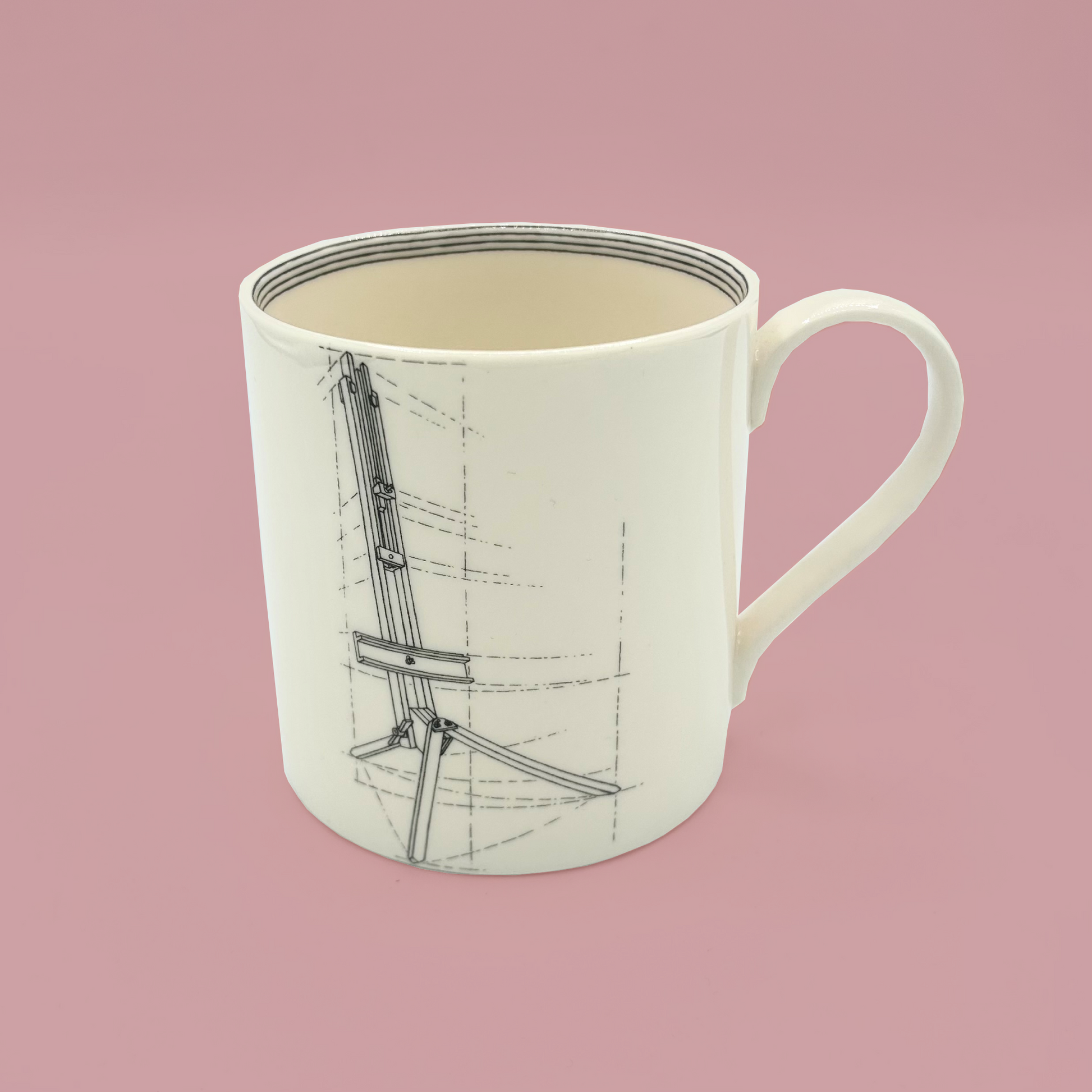 White mug with easel design on a pink background