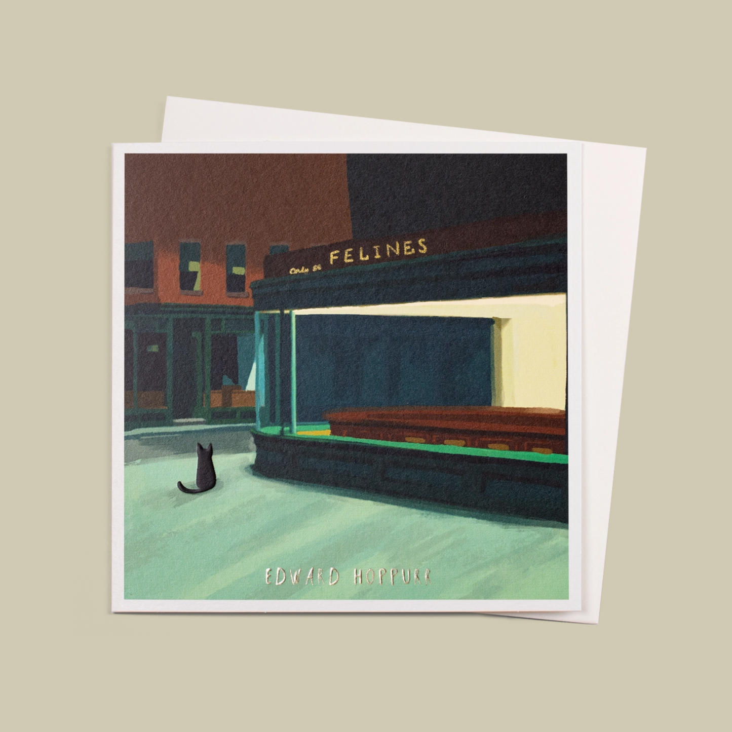 Greeting card with a cat in front of a store named 'Felines' on a beige background