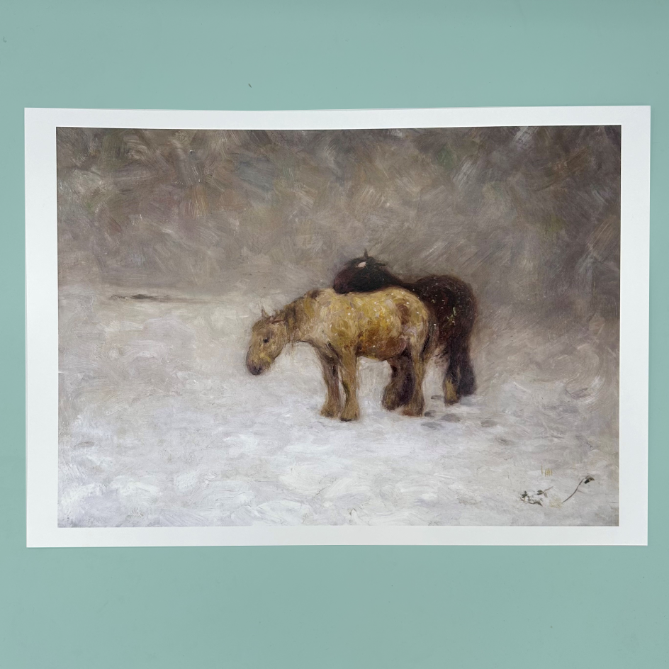 An art print featuring a painting of two ponies standing in a snowy field, displayed against a solid teal background.