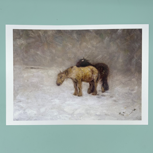 An art print featuring a painting of two ponies standing in a snowy field, displayed against a solid teal background.