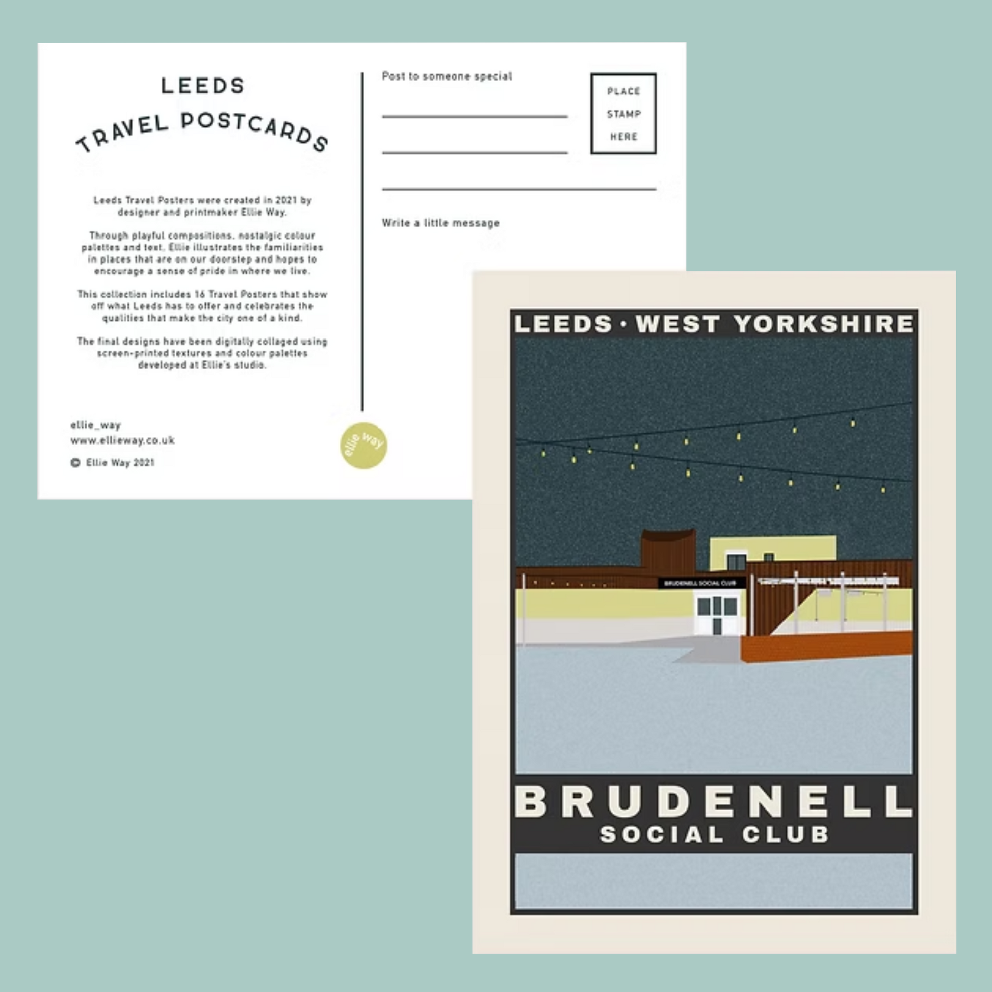 Leeds travel postcard with a scenic illustration of Brudenell Social Club on a light blue background.